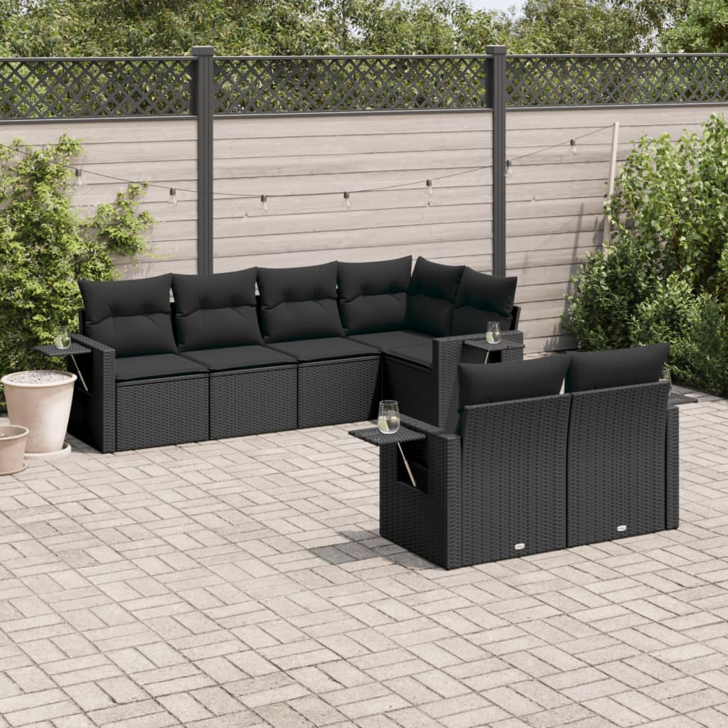 7 Pcs conjunto de sofás p/ jardim c/ almofadões vime PE preto