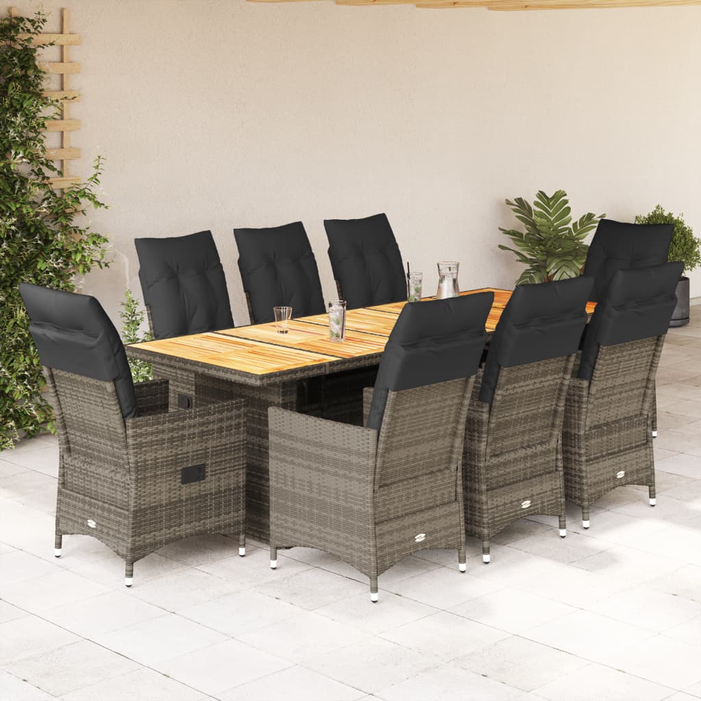 9 Pcs conjunto bistrô de jardim c/ almofadões vime PE cinzento