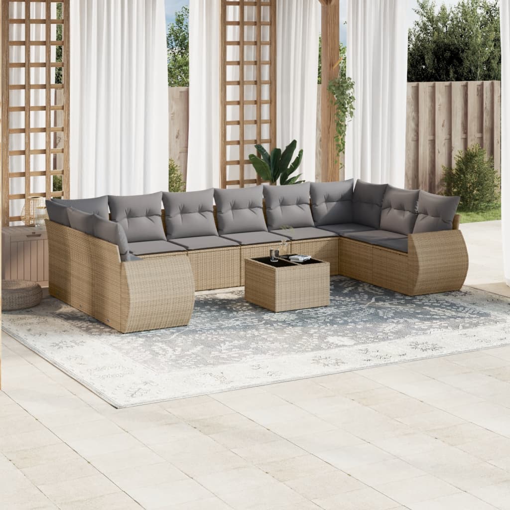 11 Pcs conjunto sofás de jardim c/ almofadões vime PE bege