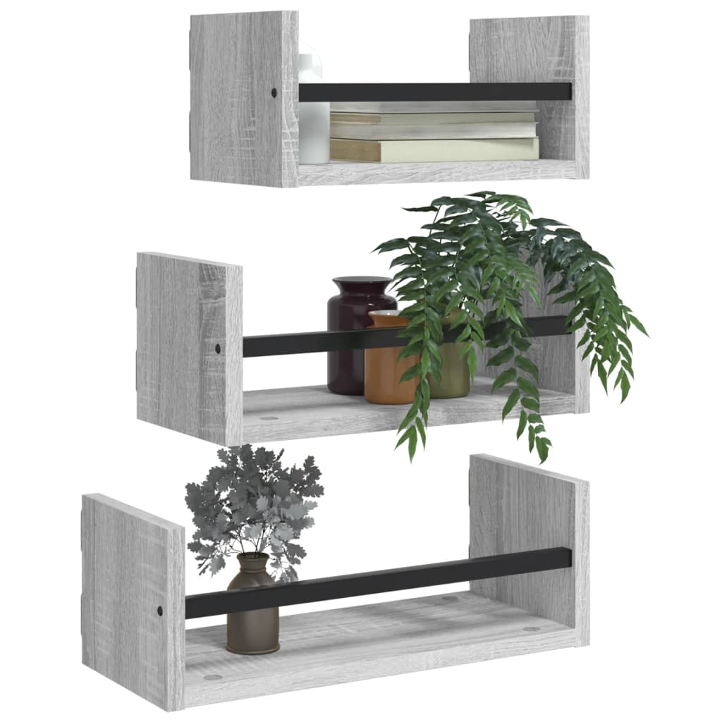 3Pcs prateleiras parede c/ barras deriv. madeira cinza sonoma