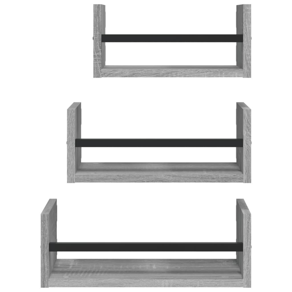 3Pcs prateleiras parede c/ barras deriv. madeira cinza sonoma