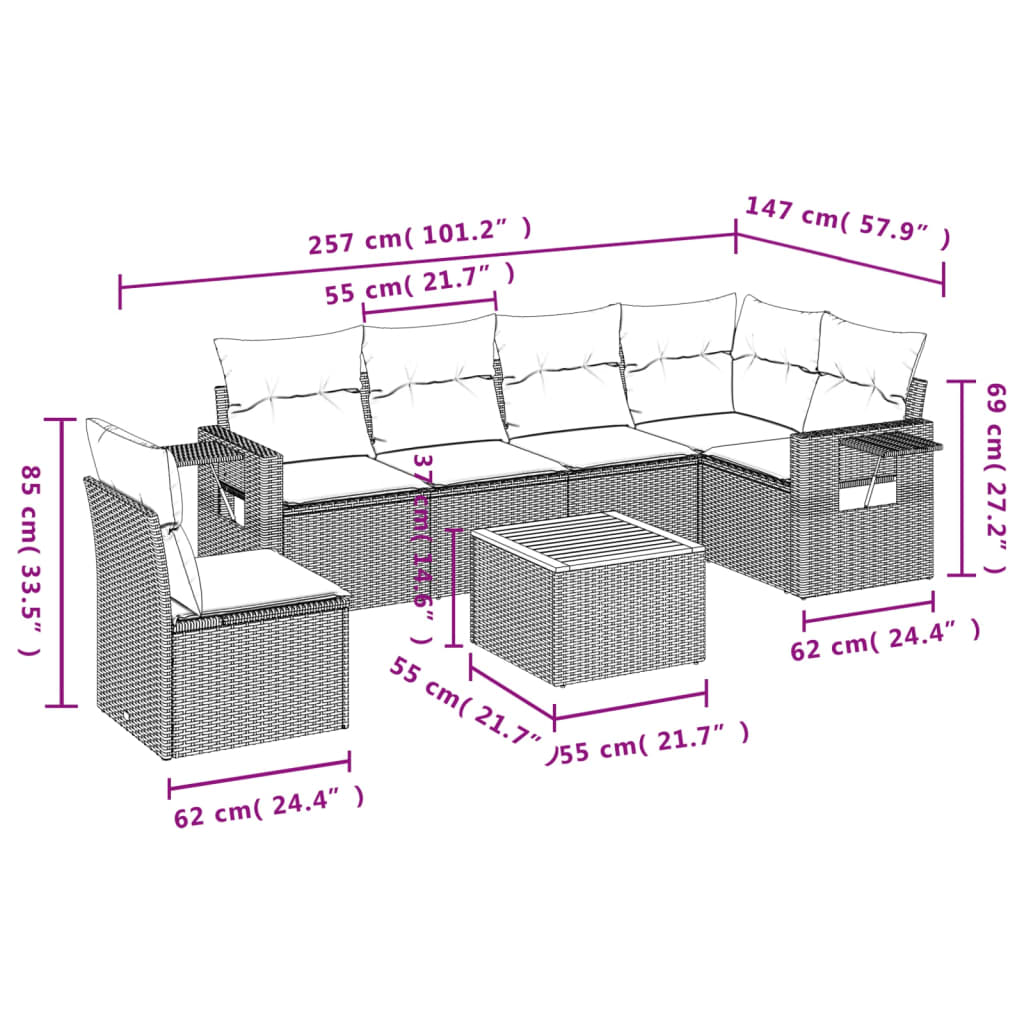 7 Pcs conjunto sofás p/ jardim c/ almofadões vime PE cinzento