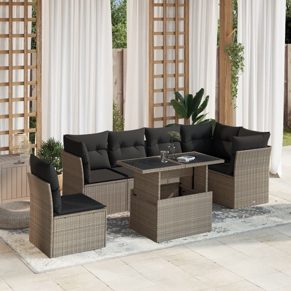 7 Pcs conj. sofás jardim com almofadões vime PE cinzento-claro