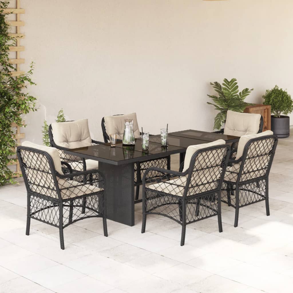 7 Pcs conjunto de jantar p/ jardim c/ almofadões vime PE preto