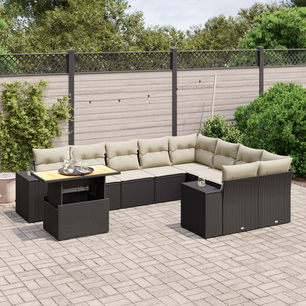 10 Pcs conjunto sofás de jardim c/ almofadões vime PE preto