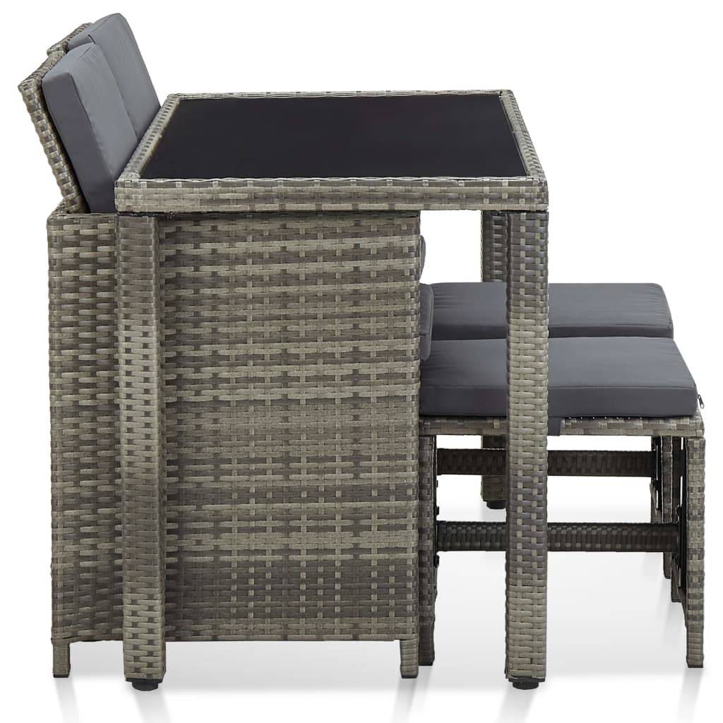 5 Pcs conjunto jantar exterior c/ almofadões vime PE cinzento