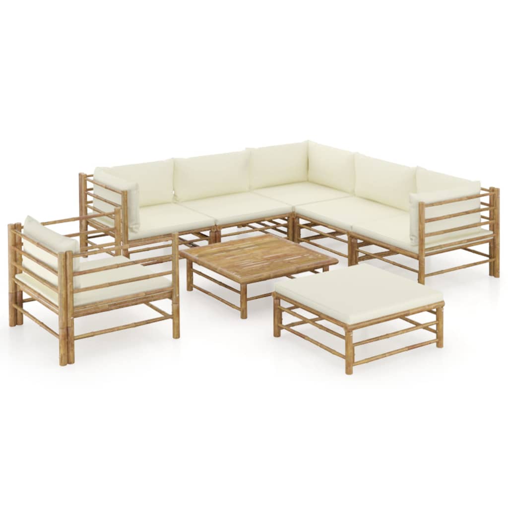 8 Pcs conj. lounge p/ jardim em bambu c/ almofadões branco nata