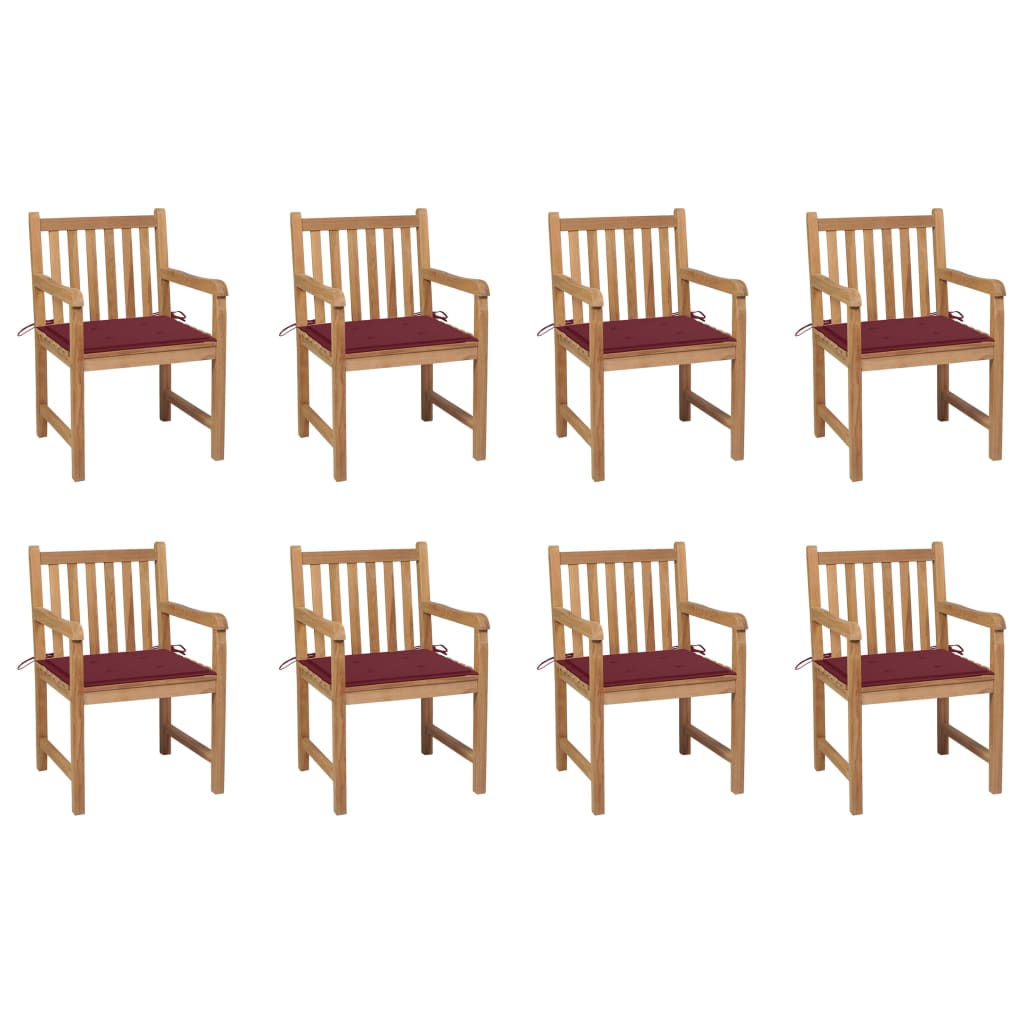 Cadeiras de jardim almofadões vermelho tinto 8 pcs teca maciça