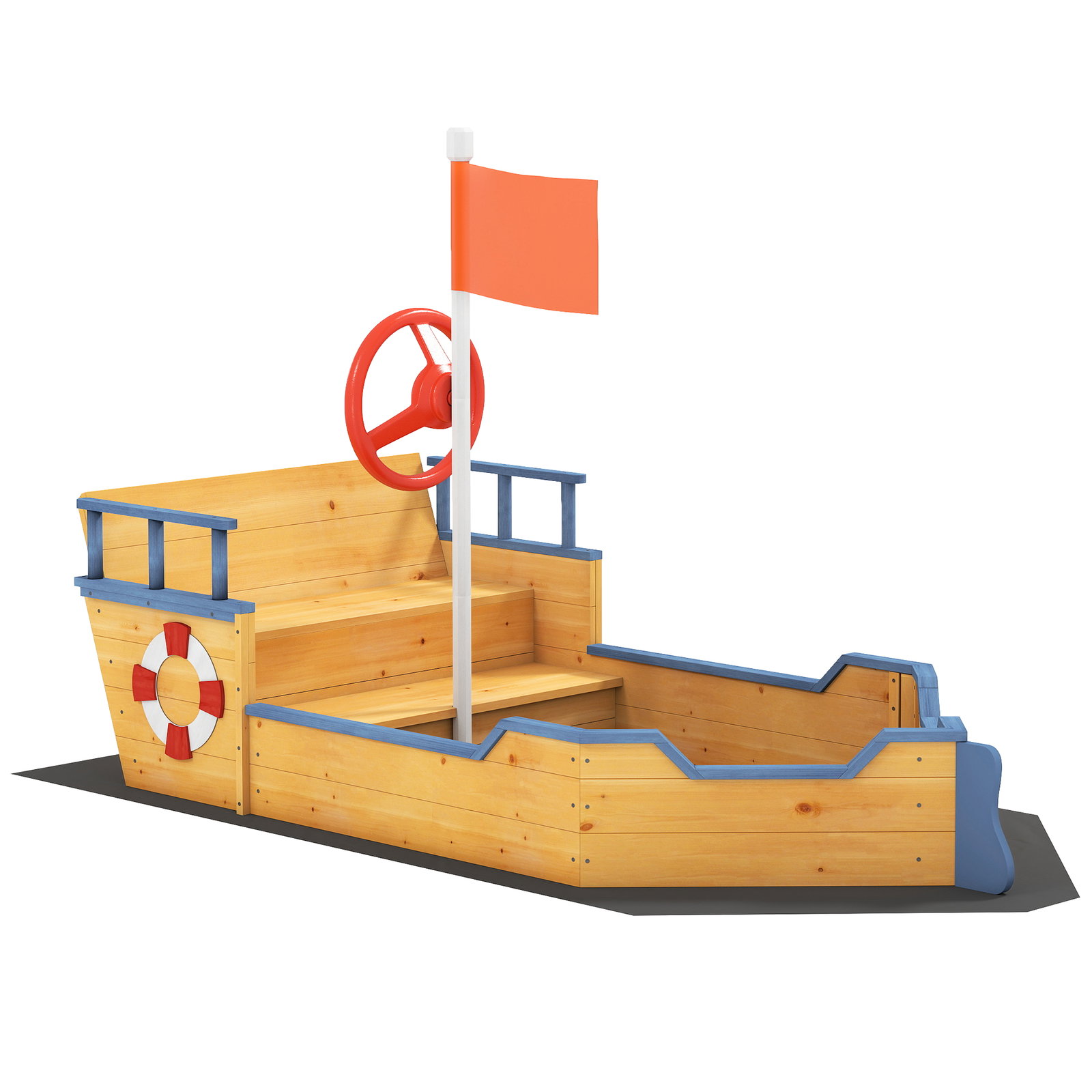 Caixa de areia infantil de madeira desenho de galeão com assento 2 degraus bandeira vermelha e leme caixa de areia de jardim para crianças acima de 3 anos 158x78x45,5cm natural