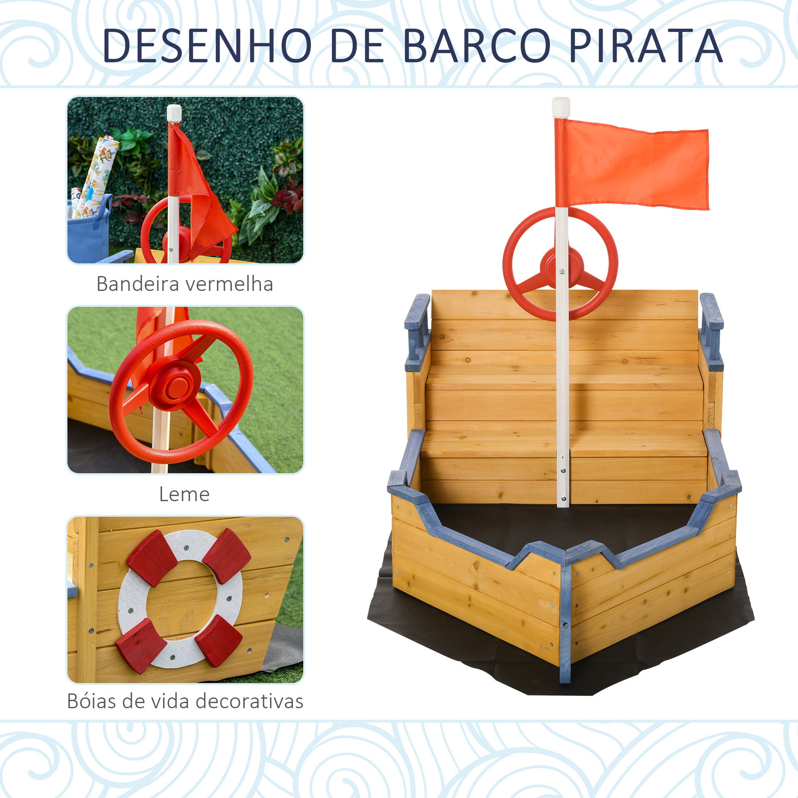 Caixa de areia infantil de madeira desenho de galeão com assento 2 degraus bandeira vermelha e leme caixa de areia de jardim para crianças acima de 3 anos 158x78x45,5cm natural