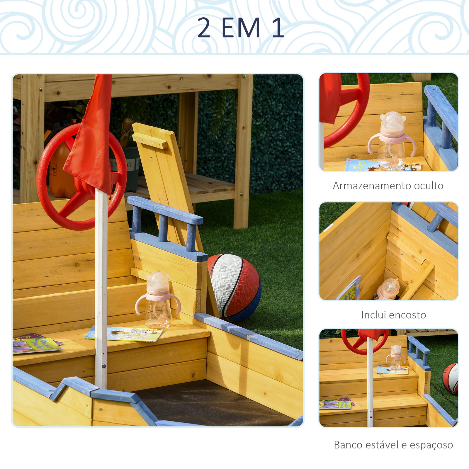 Caixa de areia infantil de madeira desenho de galeão com assento 2 degraus bandeira vermelha e leme caixa de areia de jardim para crianças acima de 3 anos 158x78x45,5cm natural