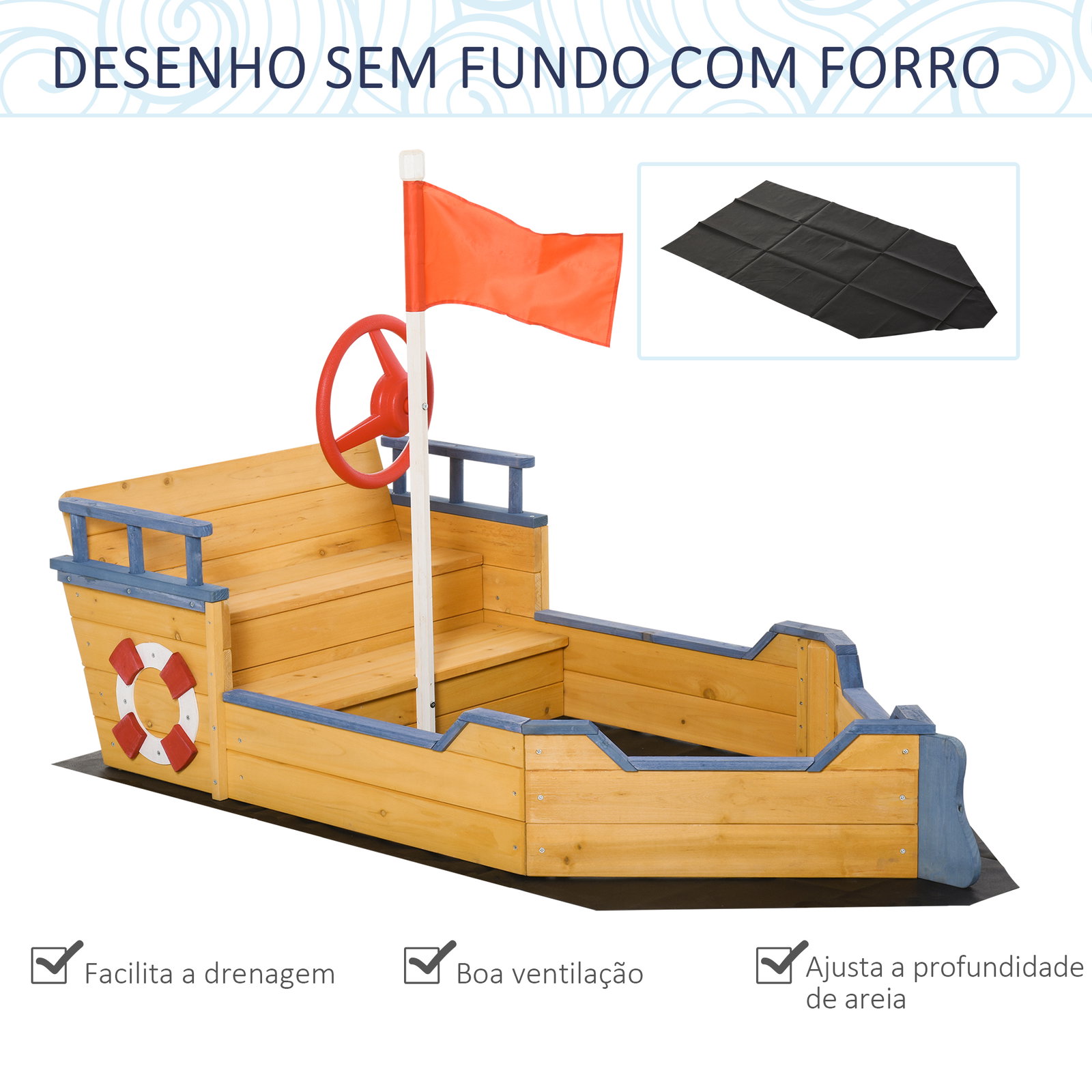 Caixa de areia infantil de madeira desenho de galeão com assento 2 degraus bandeira vermelha e leme caixa de areia de jardim para crianças acima de 3 anos 158x78x45,5cm natural