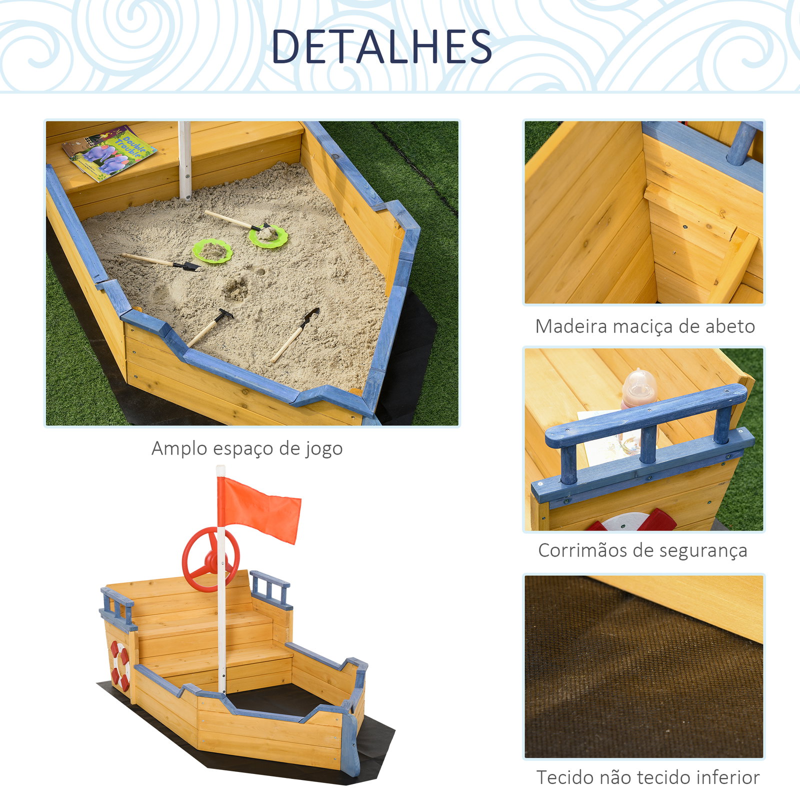 Caixa de areia infantil de madeira desenho de galeão com assento 2 degraus bandeira vermelha e leme caixa de areia de jardim para crianças acima de 3 anos 158x78x45,5cm natural