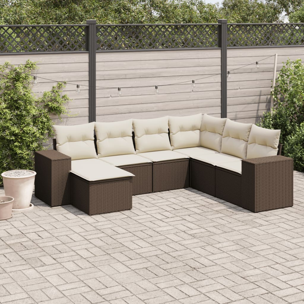 7 Pcs conjunto de sofás jardim c/ almofadões vime PE castanho