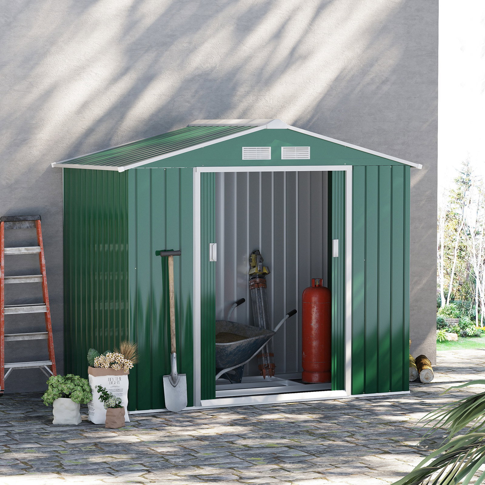 Abrigo de jardim 213x130x185cm abrigo de jardim metálico de exterior com 2 portas deslizantes e 4 janelas verde