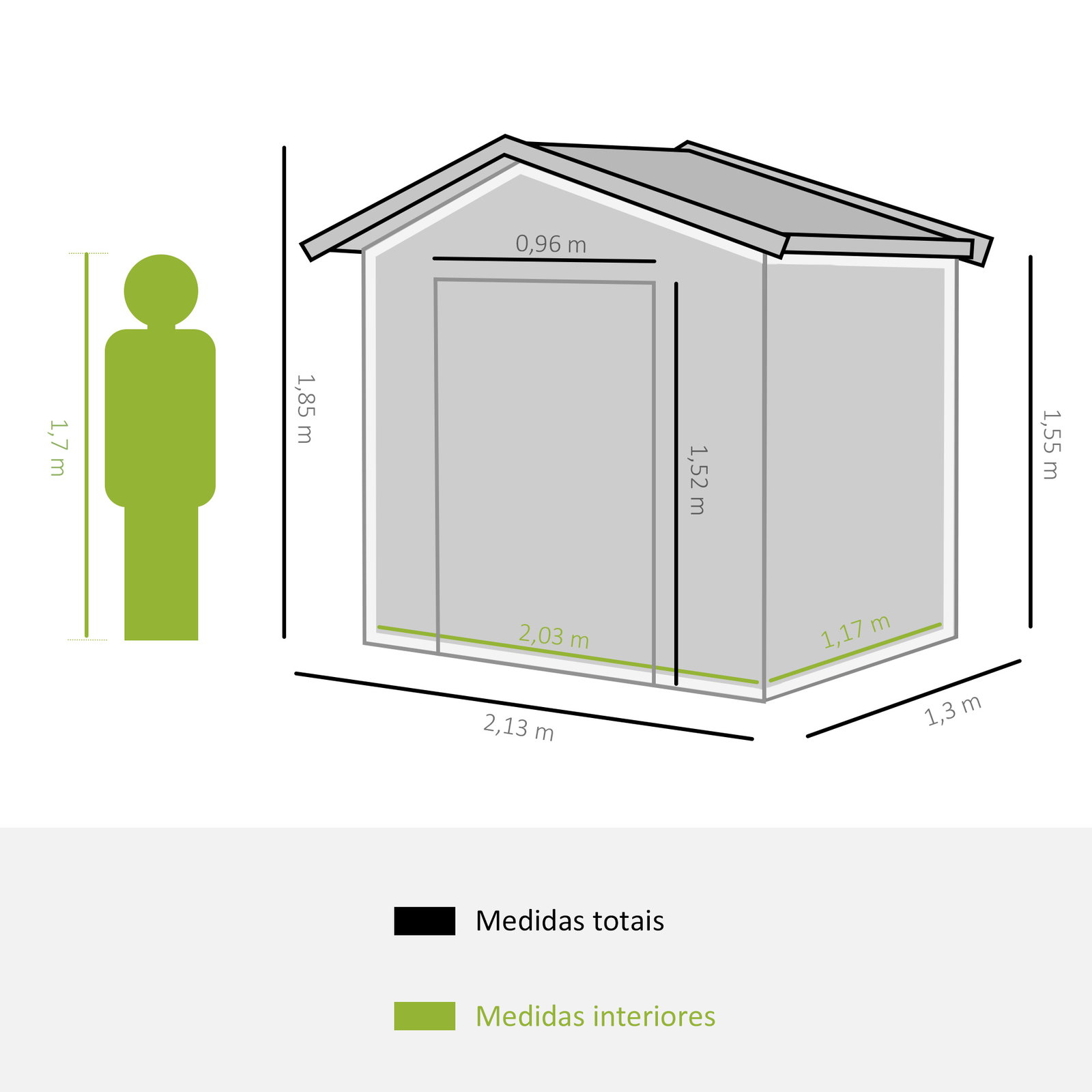 Abrigo de jardim 213x130x185cm abrigo de jardim metálico de exterior com 2 portas deslizantes e 4 janelas verde
