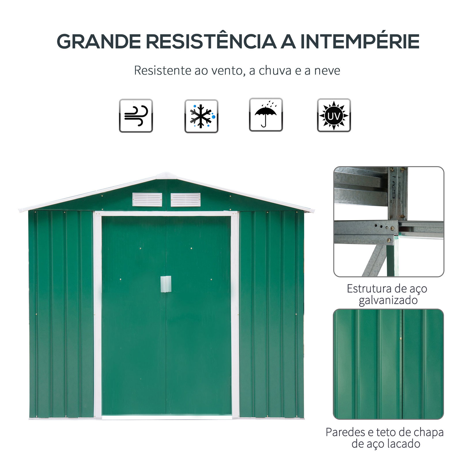 Abrigo de jardim 213x130x185cm abrigo de jardim metálico de exterior com 2 portas deslizantes e 4 janelas verde