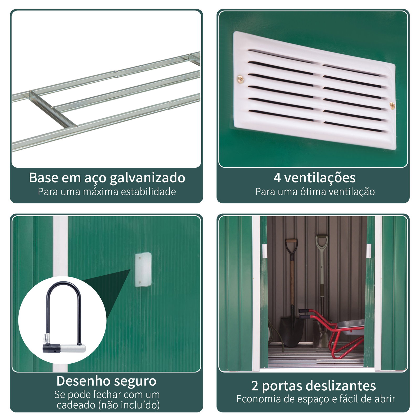 Abrigo de jardim 213x130x185cm abrigo de jardim metálico de exterior com 2 portas deslizantes e 4 janelas verde