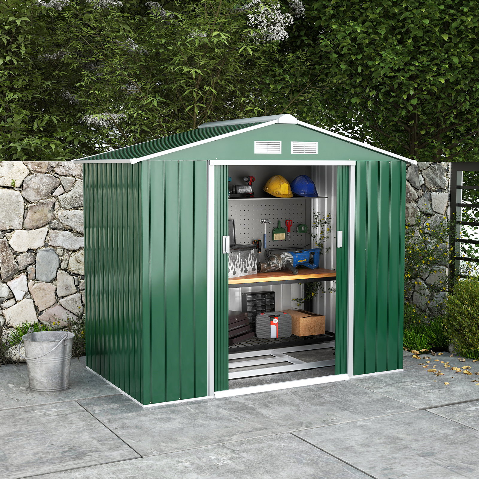 Abrigo de jardim 213x130x185cm abrigo de jardim metálico de exterior com 2 portas deslizantes e 4 janelas verde