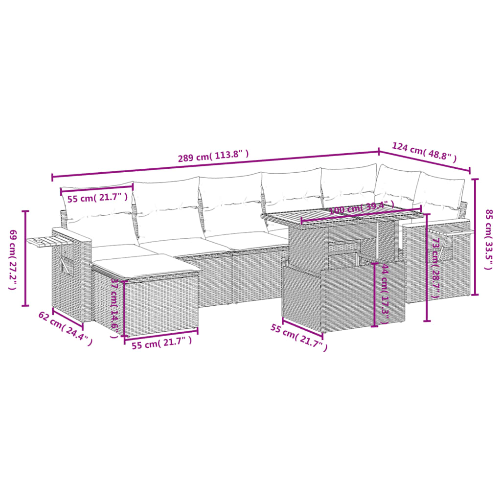 8 Pcs conjunto sofás de jardim com almofadões vime PE preto