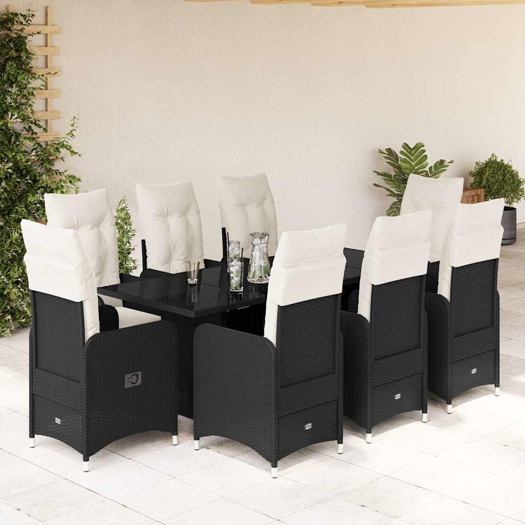 9 Pcs conjunto de bistrô p/ jardim c/ almofadões vime PE preto