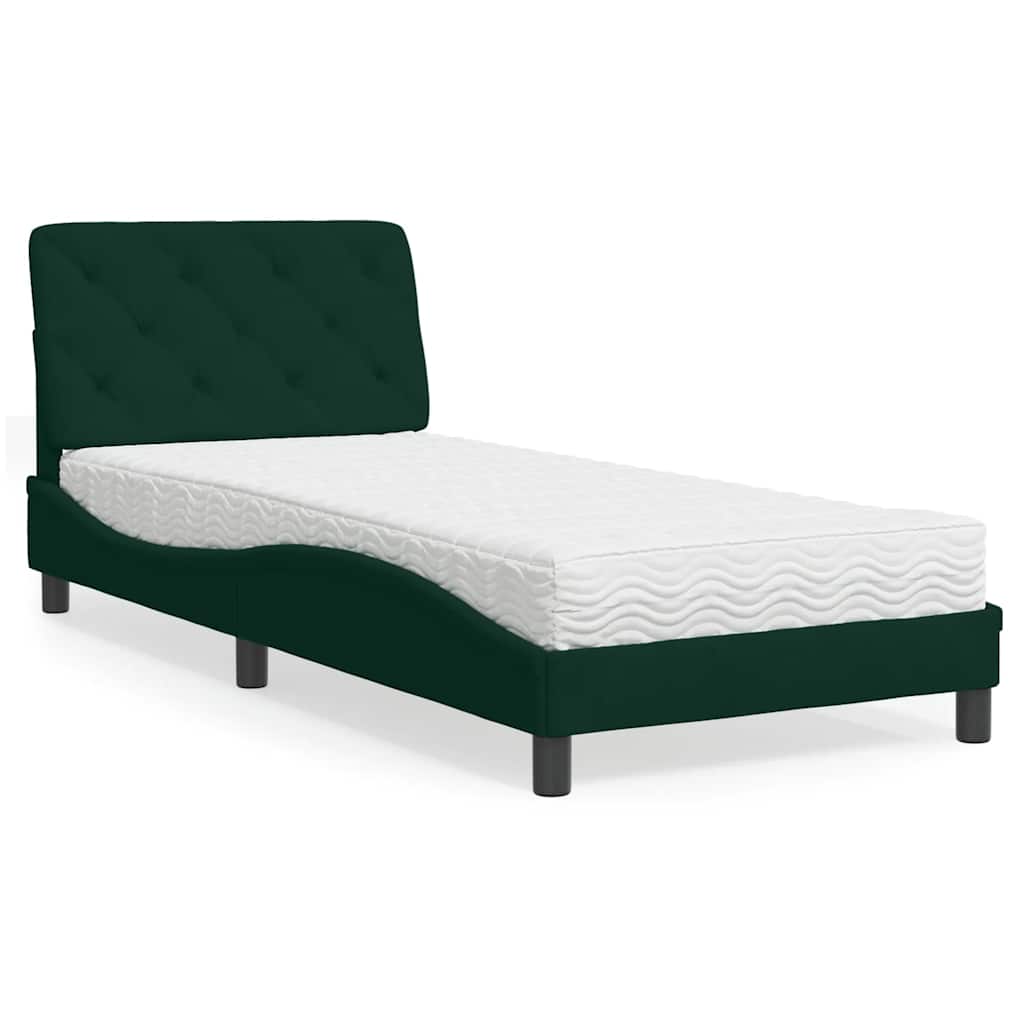 Cama com colchão 90x190 cm veludo verde-escuro