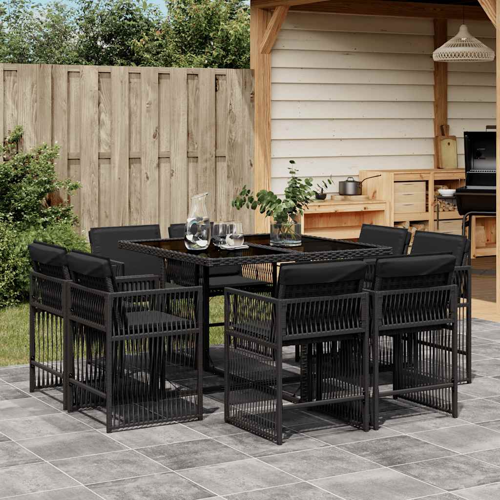 9 Pcs conjunto de jantar p/ jardim c/ almofadões vime PE preto