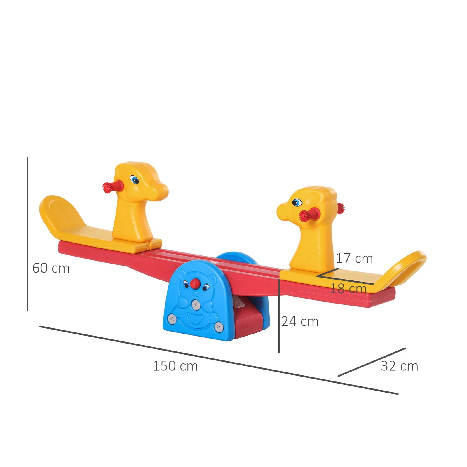 Baloiço infantil em forma de girafa com encosto guidão texturizado carga 20kg por assento para interior e exterior 150x32x60cm multicor