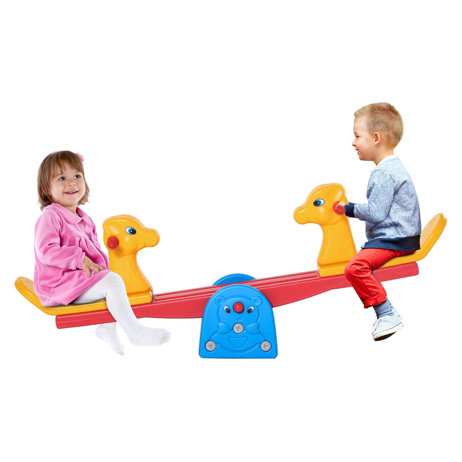 Baloiço infantil em forma de girafa com encosto guidão texturizado carga 20kg por assento para interior e exterior 150x32x60cm multicor