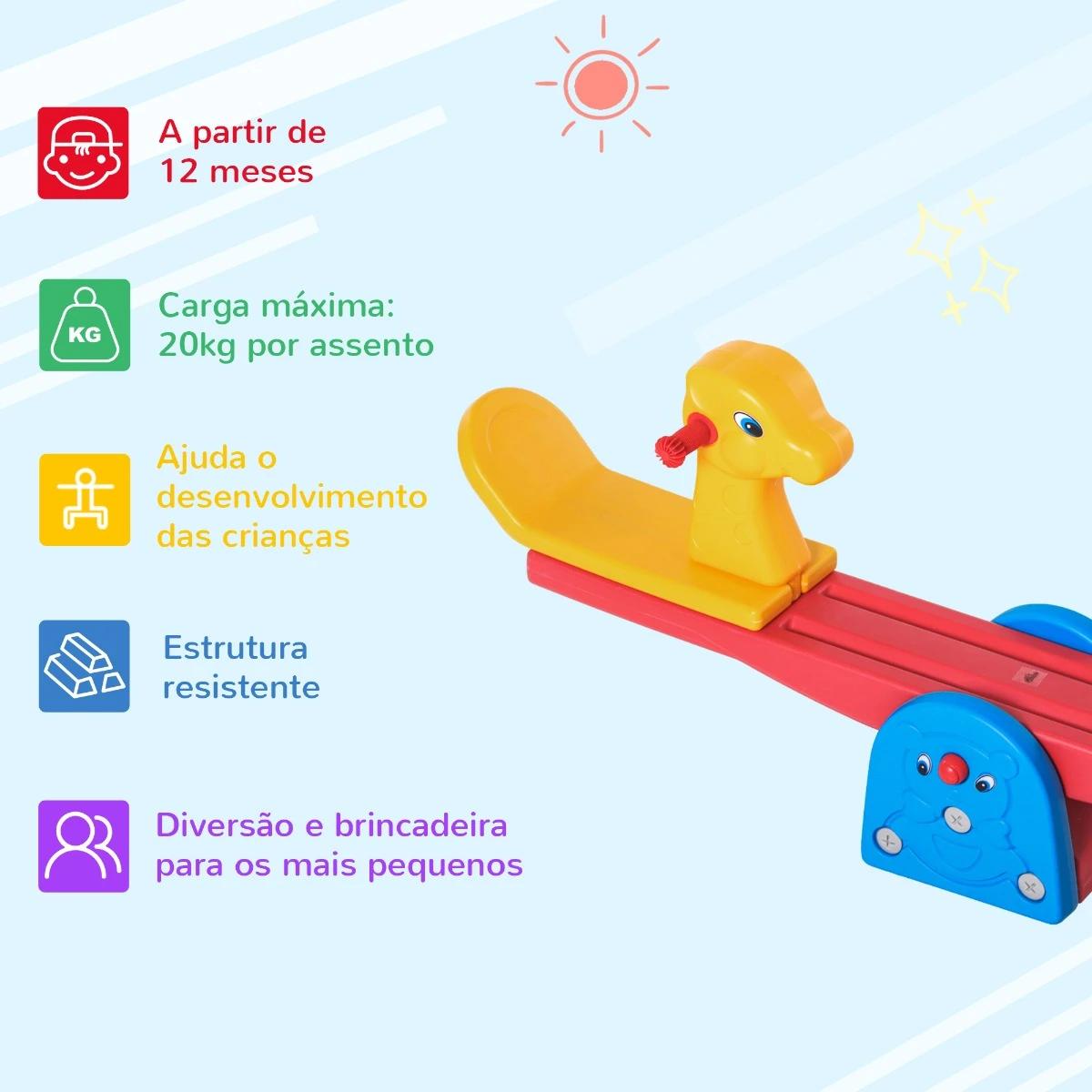 Baloiço infantil em forma de girafa com encosto guidão texturizado carga 20kg por assento para interior e exterior 150x32x60cm multicor