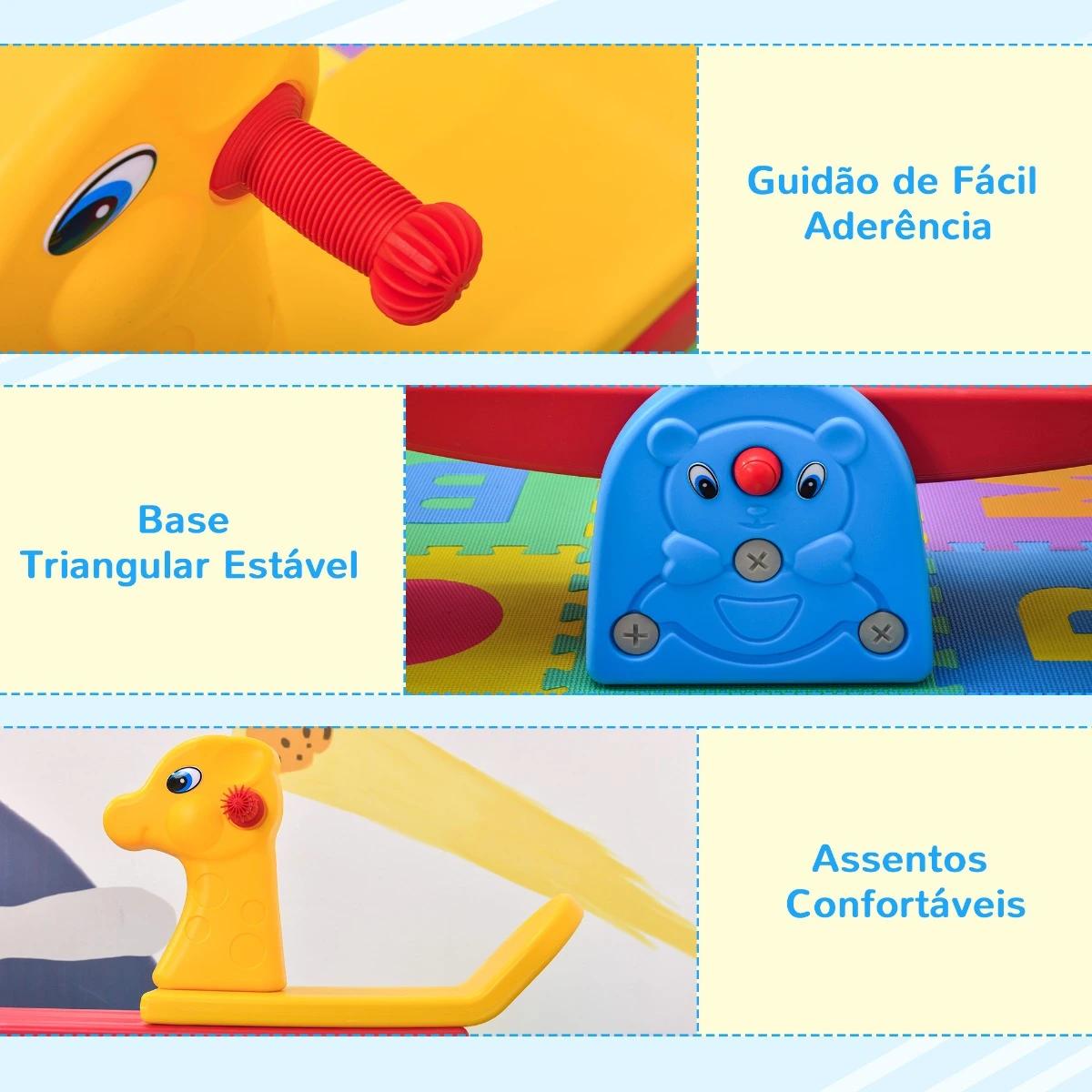 Baloiço infantil em forma de girafa com encosto guidão texturizado carga 20kg por assento para interior e exterior 150x32x60cm multicor