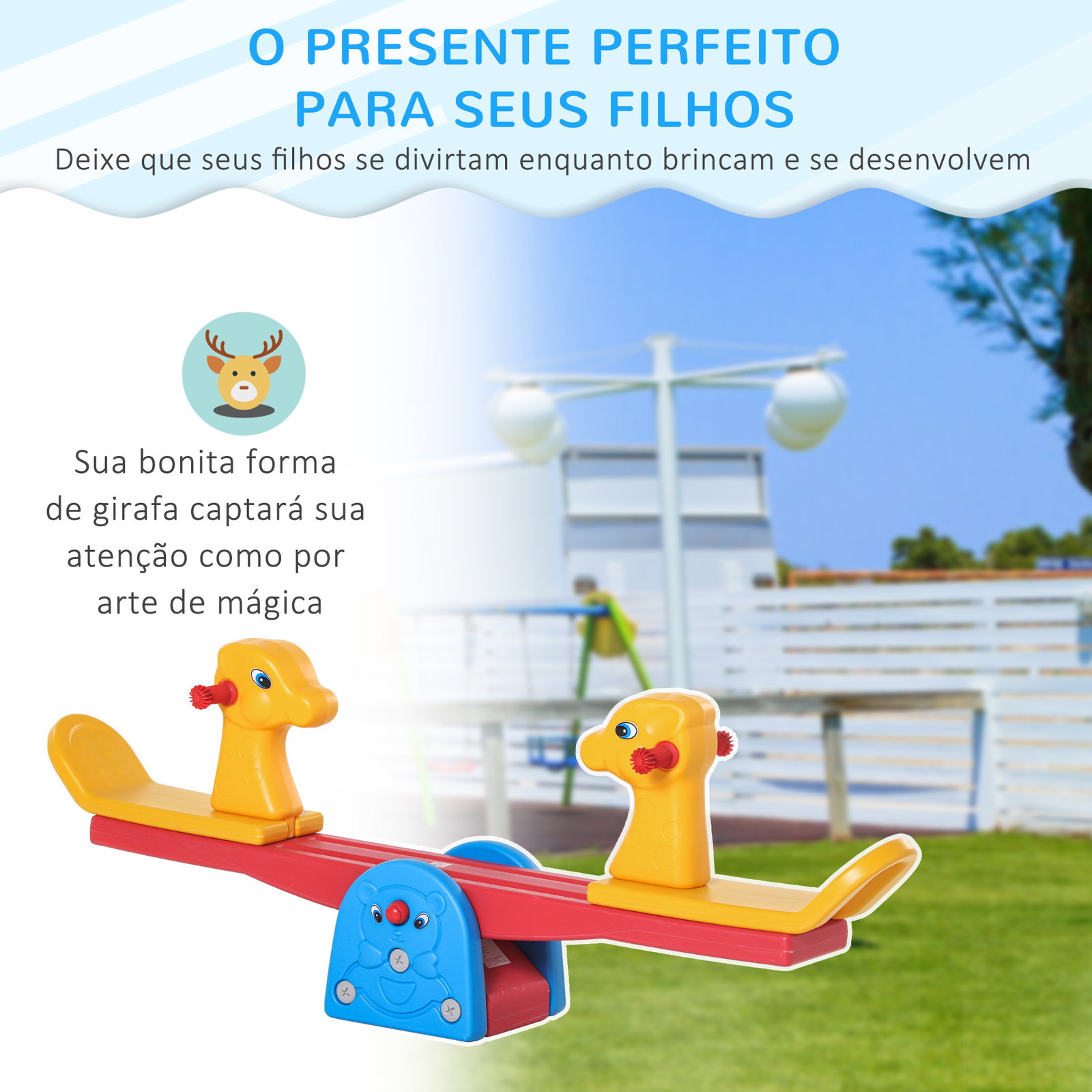 Baloiço infantil em forma de girafa com encosto guidão texturizado carga 20kg por assento para interior e exterior 150x32x60cm multicor