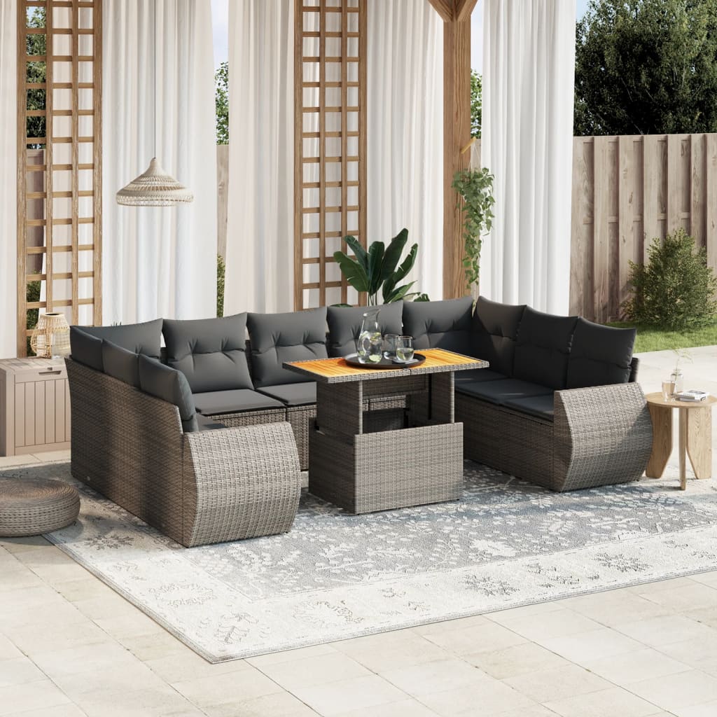 10 Pcs conjunto sofás de jardim c/ almofadões vime PE cinzento