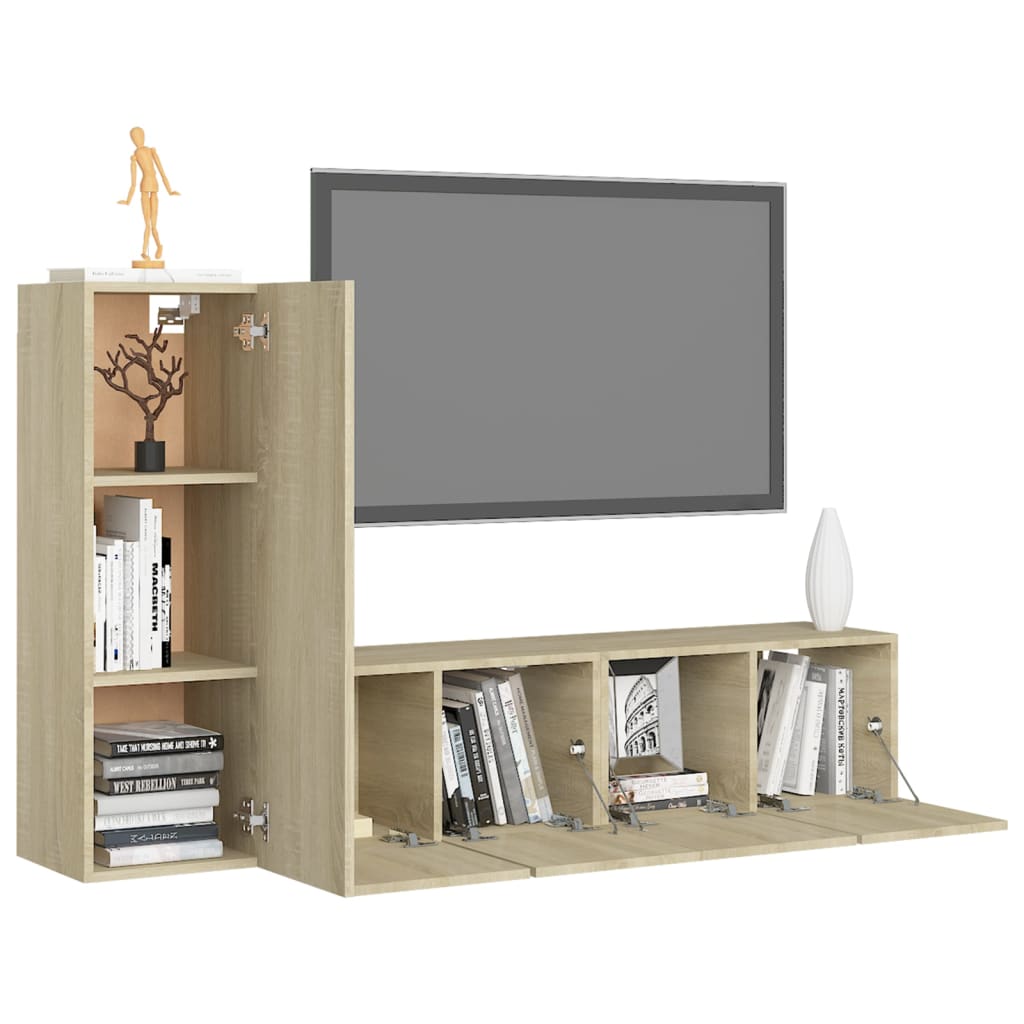 3 Pcs conjunto móveis de TV derivados madeira carvalho sonoma