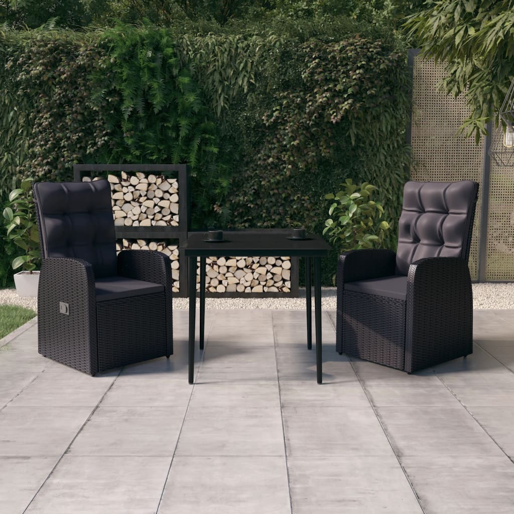 3 Pcs conjunto de jantar para jardim com almofadões preto