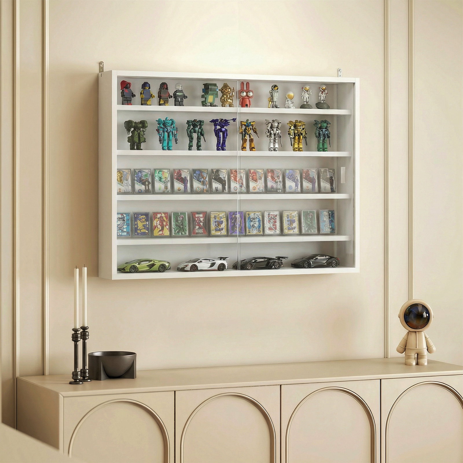 Vitrine de parede com prateleiras ajustáveis e 2 portas corredeiras de vidro para coleções 80x9,5x60 cm branco