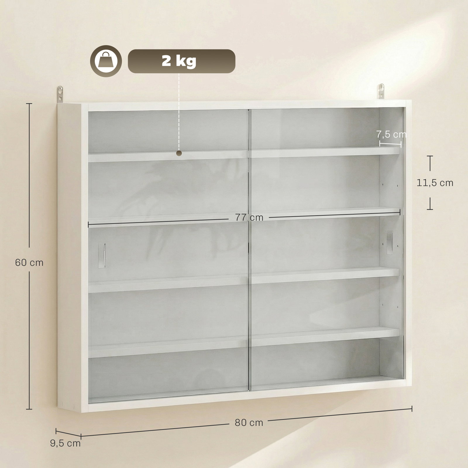 Vitrine de parede com prateleiras ajustáveis e 2 portas corredeiras de vidro para coleções 80x9,5x60 cm branco