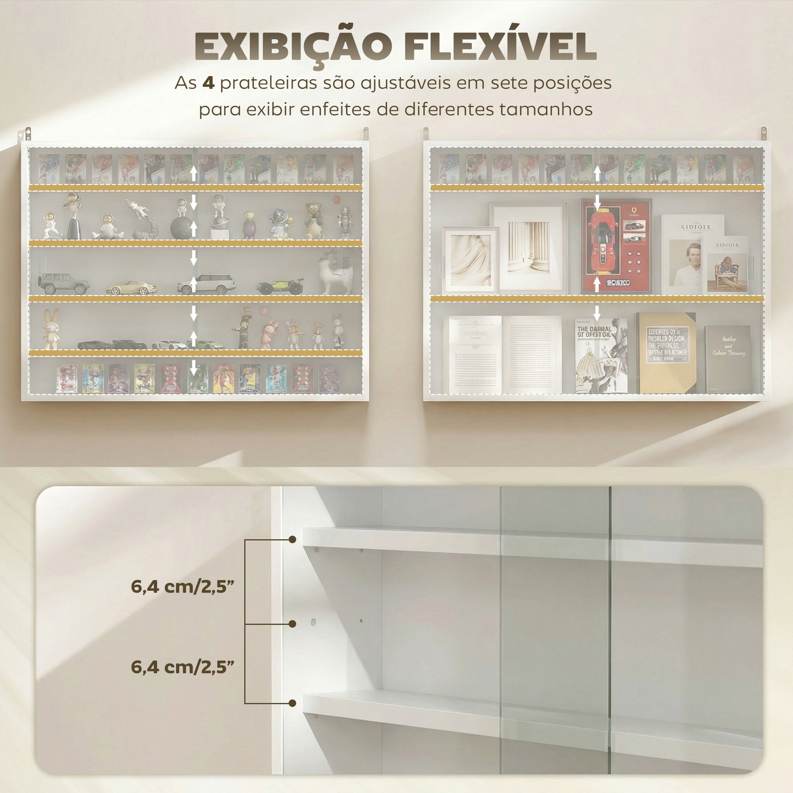 Vitrine de parede com prateleiras ajustáveis e 2 portas corredeiras de vidro para coleções 80x9,5x60 cm branco