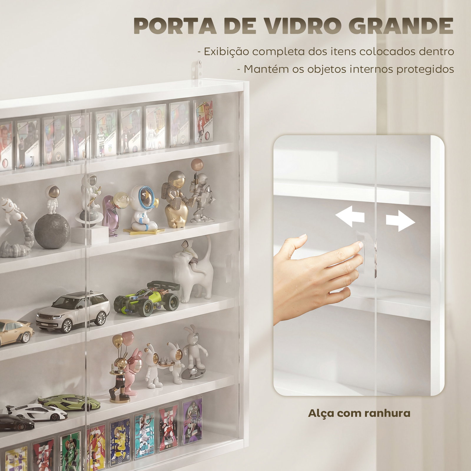 Vitrine de parede com prateleiras ajustáveis e 2 portas corredeiras de vidro para coleções 80x9,5x60 cm branco