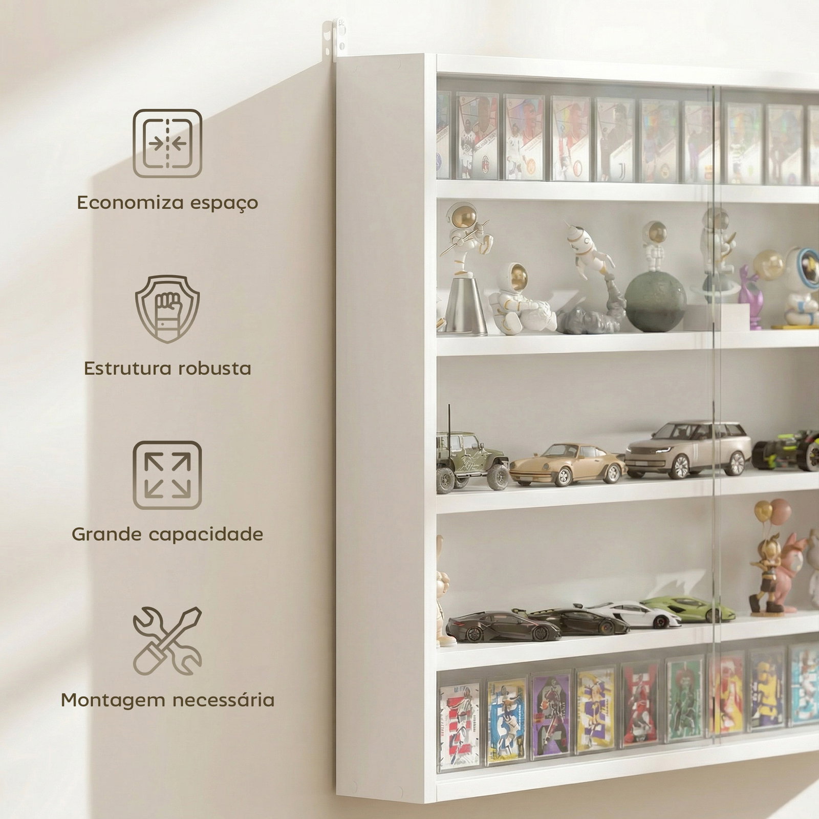 Vitrine de parede com prateleiras ajustáveis e 2 portas corredeiras de vidro para coleções 80x9,5x60 cm branco