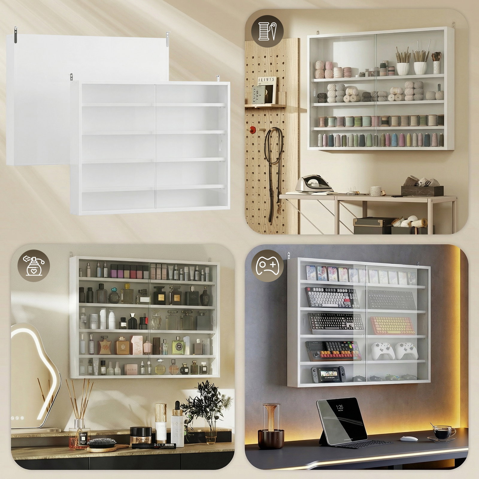 Vitrine de parede com prateleiras ajustáveis e 2 portas corredeiras de vidro para coleções 80x9,5x60 cm branco