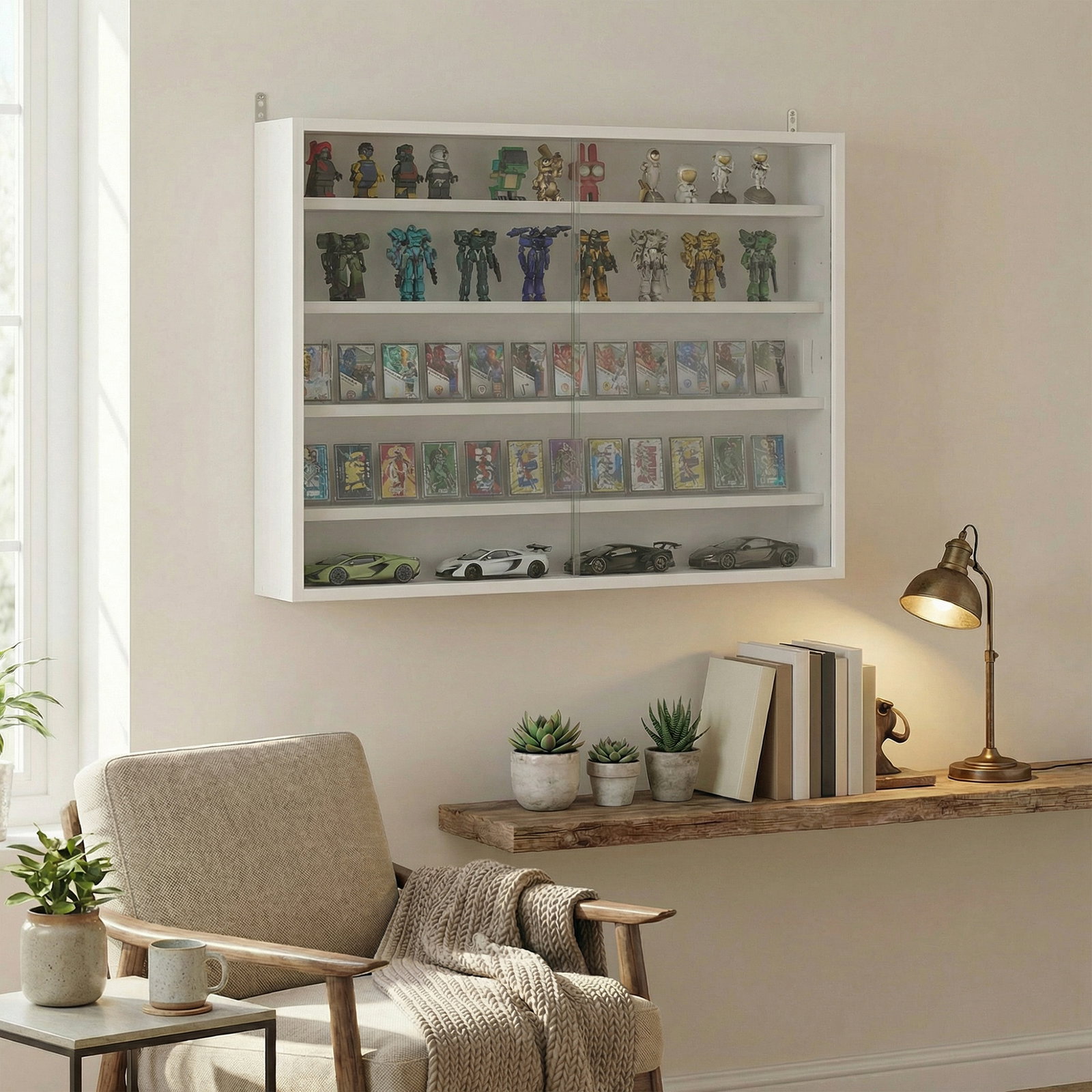 Vitrine de parede com prateleiras ajustáveis e 2 portas corredeiras de vidro para coleções 80x9,5x60 cm branco