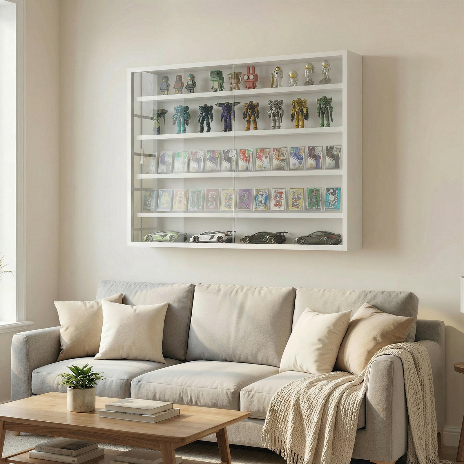 Vitrine de parede com prateleiras ajustáveis e 2 portas corredeiras de vidro para coleções 80x9,5x60 cm branco