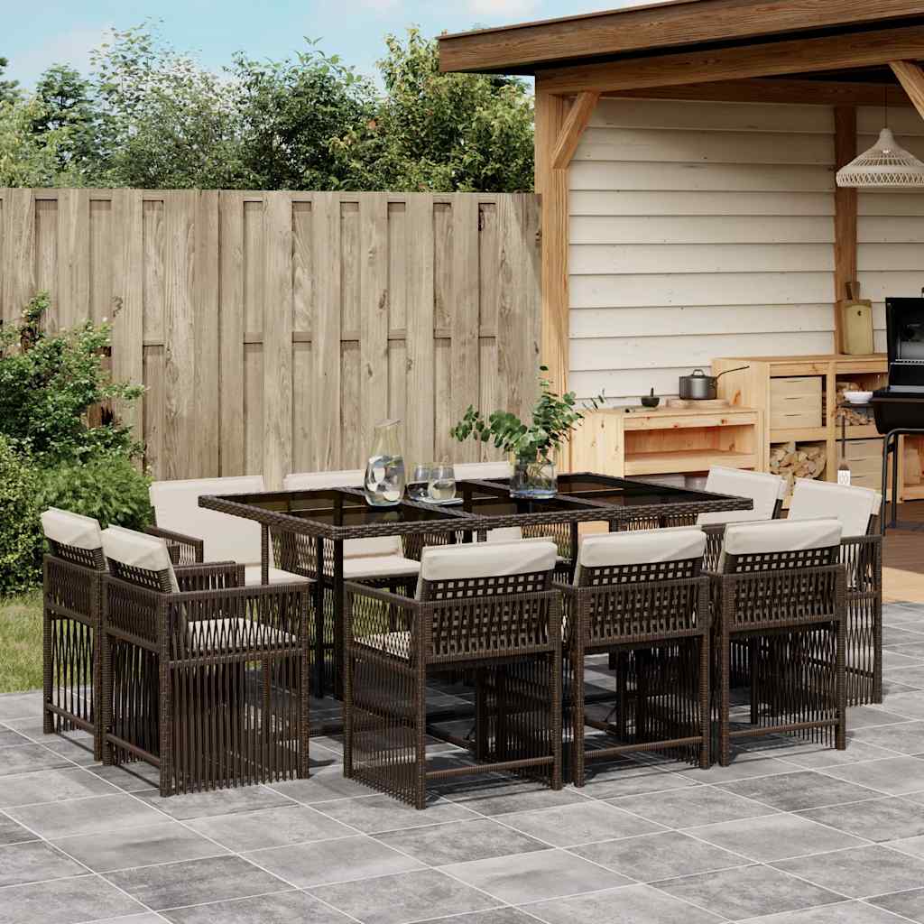 11 Pcs conjunto jantar p/ jardim c/ almofadões vime PE castanho