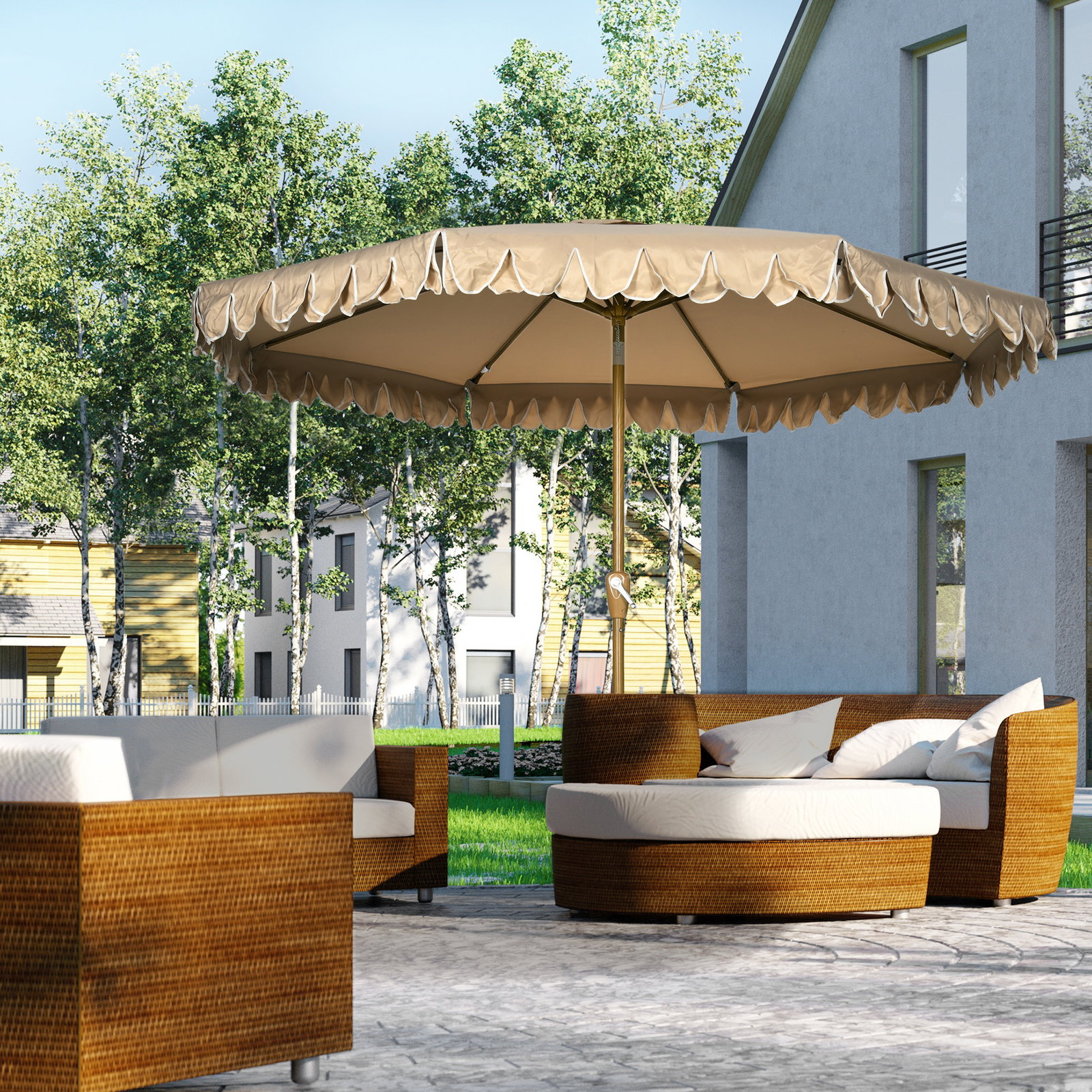 Chapéu de sol de jardim ø264x240 cm chapéu de sol de exterior com ângulo ajustável manivela para pátio terraço caqui