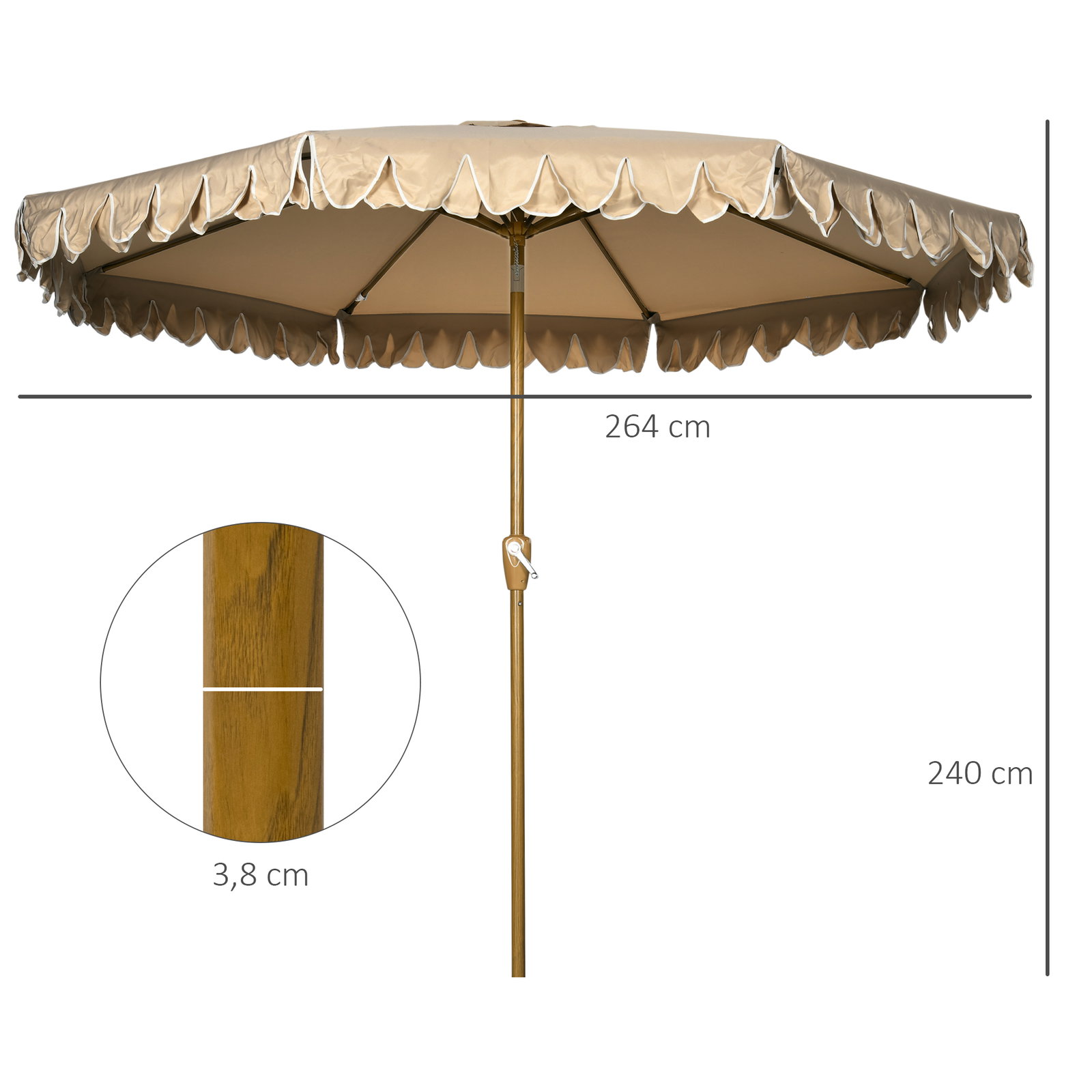 Chapéu de sol de jardim ø264x240 cm chapéu de sol de exterior com ângulo ajustável manivela para pátio terraço caqui