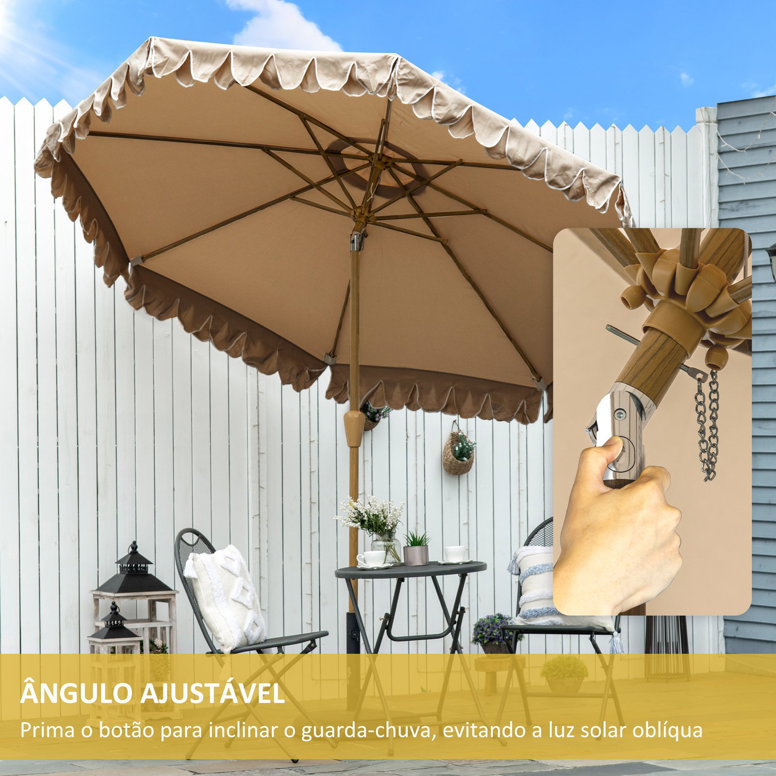 Chapéu de sol de jardim ø264x240 cm chapéu de sol de exterior com ângulo ajustável manivela para pátio terraço caqui