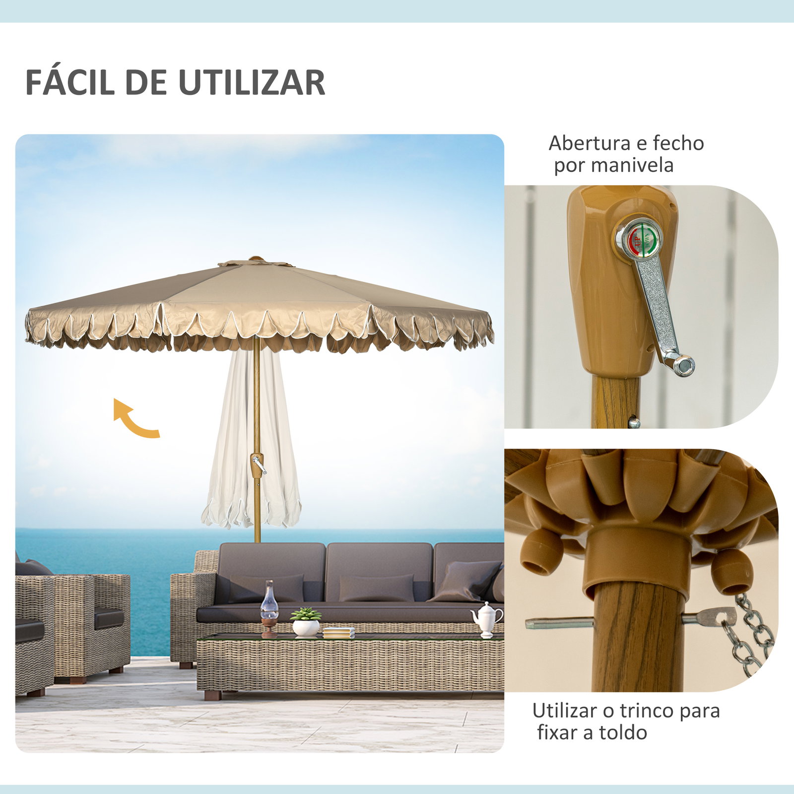 Chapéu de sol de jardim ø264x240 cm chapéu de sol de exterior com ângulo ajustável manivela para pátio terraço caqui