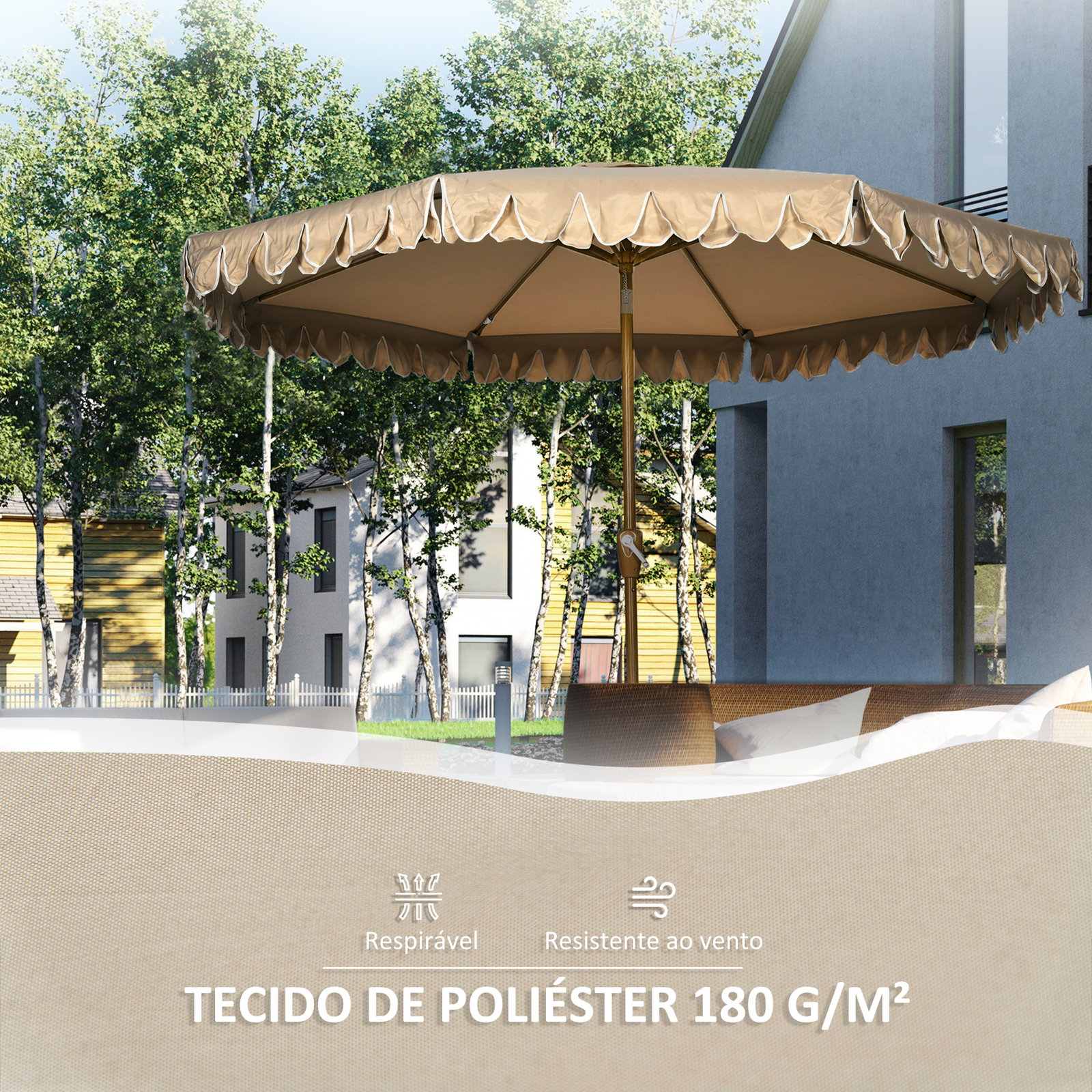 Chapéu de sol de jardim ø264x240 cm chapéu de sol de exterior com ângulo ajustável manivela para pátio terraço caqui