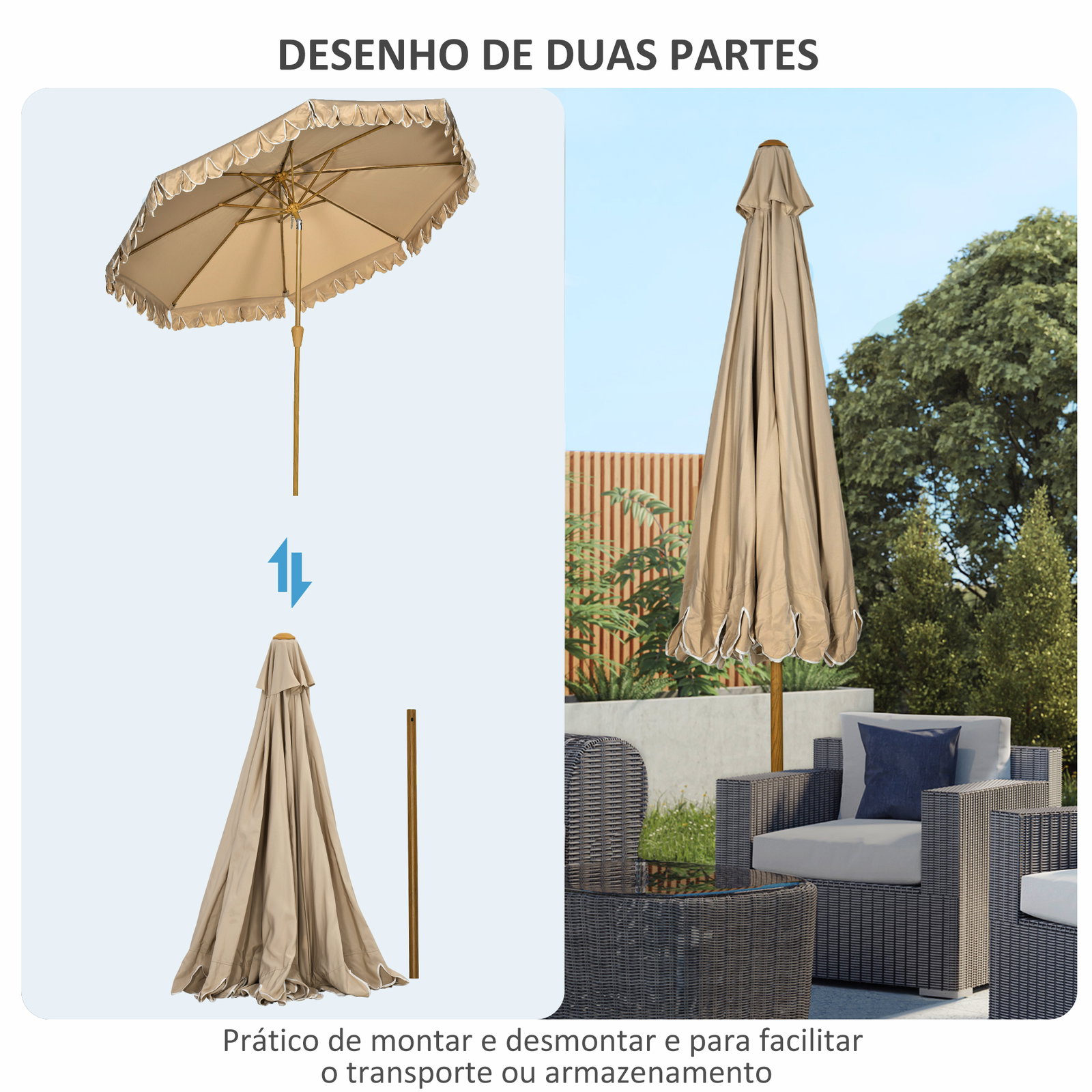 Chapéu de sol de jardim ø264x240 cm chapéu de sol de exterior com ângulo ajustável manivela para pátio terraço caqui